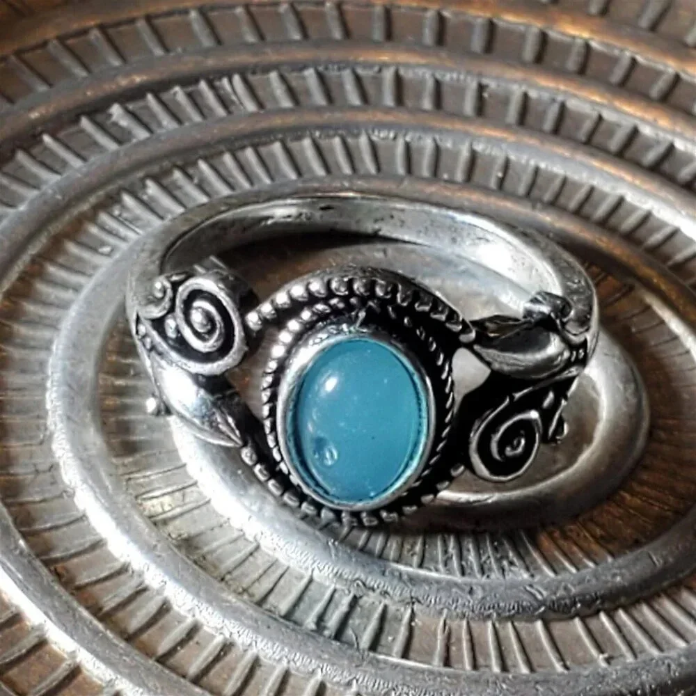 Artisan India Blue Agate 925 Sterling Silver Plated Gemstone Ring Size 7.5